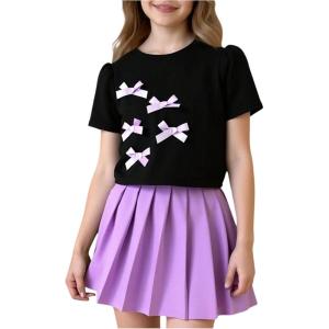 imageGirls 2 Piece Preppy Summer Outfits 3D Bowknot T Shirt and Mini Pleated Skirts Clothing SetPurple