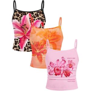 imageGirls 3 Packs Cheetah Leopard Floral Tank Top Spaghetti Strap Fitted Summer Cute Camisole TopsMulticolor