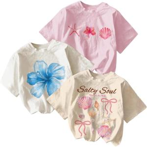imageGirls 3 Packs Star Butterfly Graphic Tees Crew Neck Short Sleeve T Shirt Casual TopsBeige Blue Pink