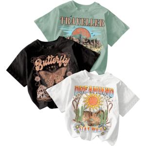 imageGirls 3 Packs Star Butterfly Graphic Tees Crew Neck Short Sleeve T Shirt Casual TopsBlack Green White