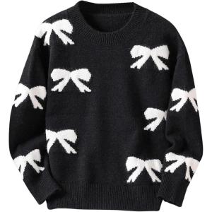 imageGirls Bow Graphic Sweaters Crewneck Long Sleeve Knit Pullover Tops Drop Shoulder KnitwearBlack With White