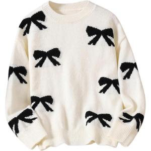imageGirls Bow Graphic Sweaters Crewneck Long Sleeve Knit Pullover Tops Drop Shoulder KnitwearBlack and White