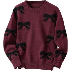 imageGirls Bow Graphic Sweaters Crewneck Long Sleeve Knit Pullover Tops Drop Shoulder KnitwearBurgundy