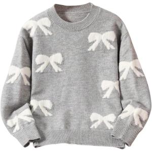 imageGirls Bow Graphic Sweaters Crewneck Long Sleeve Knit Pullover Tops Drop Shoulder KnitwearGrey