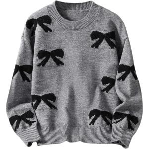 imageGirls Bow Graphic Sweaters Crewneck Long Sleeve Knit Pullover Tops Drop Shoulder KnitwearGrey Black Bow