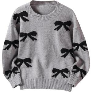 imageGirls Bow Graphic Sweaters Crewneck Long Sleeve Knit Pullover Tops Drop Shoulder KnitwearGrey and Black