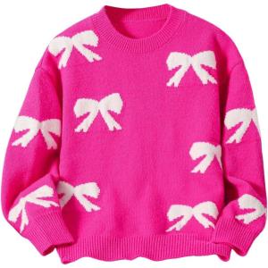imageGirls Bow Graphic Sweaters Crewneck Long Sleeve Knit Pullover Tops Drop Shoulder KnitwearHot Pink