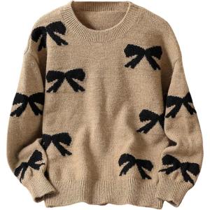 imageGirls Bow Graphic Sweaters Crewneck Long Sleeve Knit Pullover Tops Drop Shoulder KnitwearKhaki