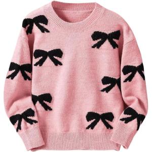imageGirls Bow Graphic Sweaters Crewneck Long Sleeve Knit Pullover Tops Drop Shoulder KnitwearPink