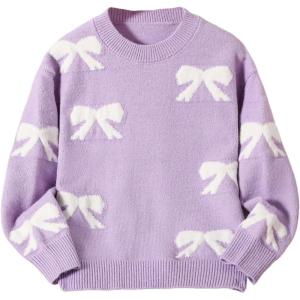 imageGirls Bow Graphic Sweaters Crewneck Long Sleeve Knit Pullover Tops Drop Shoulder KnitwearPurple