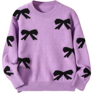 imageGirls Bow Graphic Sweaters Crewneck Long Sleeve Knit Pullover Tops Drop Shoulder KnitwearPurple and Black