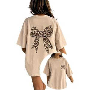 imageGirls Bow Leopard Graphic Tees Short Sleeve Preppy Summer T Shirt Aesthetic Baggy TopsApricot