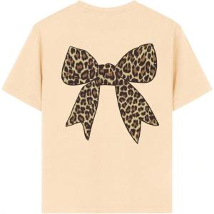 imageGirls Bow Leopard Graphic Tees Short Sleeve Preppy Summer T Shirt Aesthetic Baggy TopsBeige