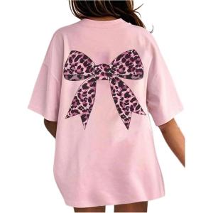 imageGirls Bow Leopard Graphic Tees Short Sleeve Preppy Summer T Shirt Aesthetic Baggy TopsBow Pink