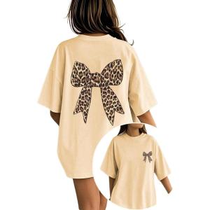 imageGirls Bow Leopard Graphic Tees Short Sleeve Preppy Summer T Shirt Aesthetic Baggy TopsBow Pricot
