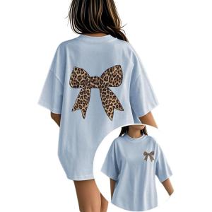 imageGirls Bow Leopard Graphic Tees Short Sleeve Preppy Summer T Shirt Aesthetic Baggy TopsBowknot Blue