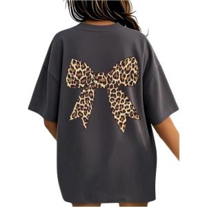 imageGirls Bow Leopard Graphic Tees Short Sleeve Preppy Summer T Shirt Aesthetic Baggy TopsDark Grey
