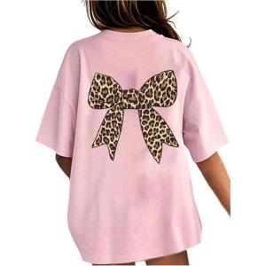 imageGirls Bow Leopard Graphic Tees Short Sleeve Preppy Summer T Shirt Aesthetic Baggy TopsLight Pink
