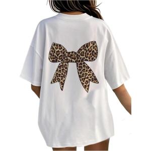 imageGirls Bow Leopard Graphic Tees Short Sleeve Preppy Summer T Shirt Aesthetic Baggy TopsWhite