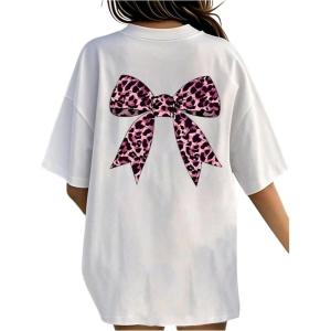 imageGirls Bow Leopard Graphic Tees Short Sleeve Preppy Summer T Shirt Aesthetic Baggy TopsWhite Bow