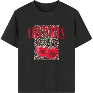 imageGirls Cherry Leopard Shirt Short Sleeve Loose Cute Summer T Shirt Trendy Aesthetic Baggy TopsBlack and Red