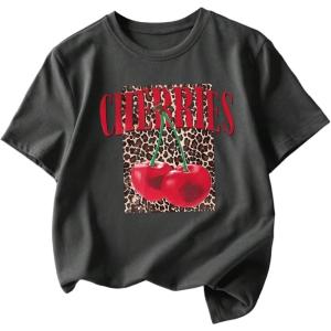 imageGirls Cherry Leopard Shirt Short Sleeve Loose Cute Summer T Shirt Trendy Aesthetic Baggy TopsDark Grey