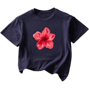 imageGirls Cherry Leopard Shirt Short Sleeve Loose Cute Summer T Shirt Trendy Aesthetic Baggy TopsFloral Deep Blue