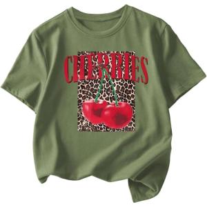 imageGirls Cherry Leopard Shirt Short Sleeve Loose Cute Summer T Shirt Trendy Aesthetic Baggy TopsGreen