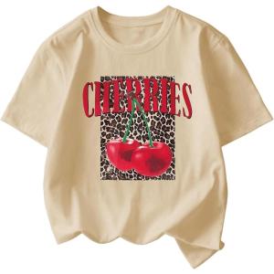 imageGirls Cherry Leopard Shirt Short Sleeve Loose Cute Summer T Shirt Trendy Aesthetic Baggy TopsLight Apricot