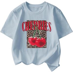 imageGirls Cherry Leopard Shirt Short Sleeve Loose Cute Summer T Shirt Trendy Aesthetic Baggy TopsLight Blue