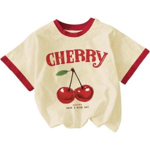 imageGirls Cherry Shirt Short Sleeve Colorblock Graphic Tees Cute Summer Shirts Y2k Aesthetic ClothesApricot