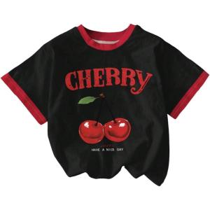 imageGirls Cherry Shirt Short Sleeve Colorblock Graphic Tees Cute Summer Shirts Y2k Aesthetic ClothesBlack and Red