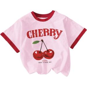 imageGirls Cherry Shirt Short Sleeve Colorblock Graphic Tees Cute Summer Shirts Y2k Aesthetic ClothesLight Pink White