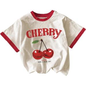 imageGirls Cherry Shirt Short Sleeve Colorblock Graphic Tees Cute Summer Shirts Y2k Aesthetic ClothesWhite
