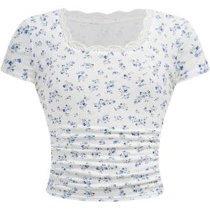 imageGirls Ditsy Floral Print Lace T Shirt Short Sleeve Ribbed Ruched Cute Tee Shirts Summer TopsBlue