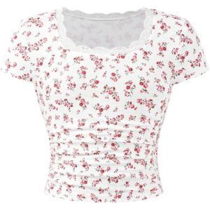 imageGirls Ditsy Floral Print Lace T Shirt Short Sleeve Ribbed Ruched Cute Tee Shirts Summer TopsRed
