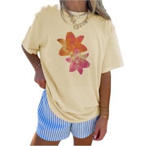 imageGirls Floral Graphic Tees Short Sleeve Loose Summer Shirts for Girls Aesthetic Cute Clothes TrendyApricot