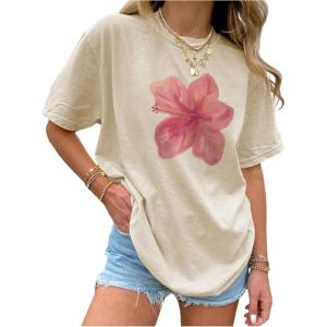 imageGirls Floral Graphic Tees Short Sleeve Loose Summer Shirts for Girls Aesthetic Cute Clothes TrendyFloral Apricot