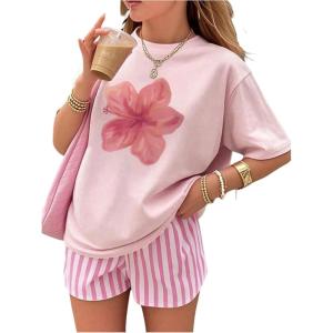 imageGirls Floral Graphic Tees Short Sleeve Loose Summer Shirts for Girls Aesthetic Cute Clothes TrendyFloral Pink