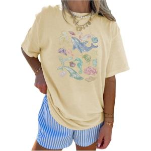 imageGirls Floral Graphic Tees Short Sleeve Loose Summer Shirts for Girls Aesthetic Cute Clothes TrendyGraphic Apricot
