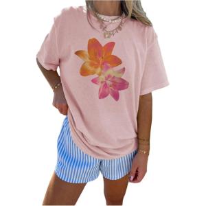imageGirls Floral Graphic Tees Short Sleeve Loose Summer Shirts for Girls Aesthetic Cute Clothes TrendyPink