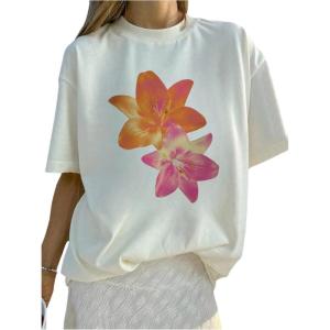 imageGirls Floral Graphic Tees Short Sleeve Loose Summer Shirts for Girls Aesthetic Cute Clothes TrendyWhite
