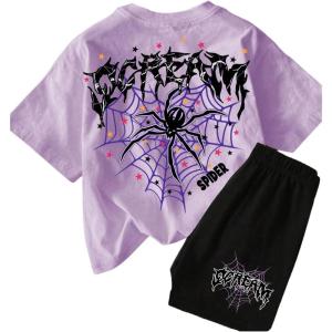 imageGirls Geometric Star Graphic Tee Tops Casual Summer Short Sleeve Crew Neck T ShirtPurple Black