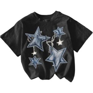 imageGirls Geometric Star Graphic Tee Tops Casual Summer Short Sleeve Crew Neck T ShirtStar Print Black