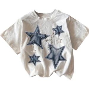 imageGirls Geometric Star Graphic Tee Tops Casual Summer Short Sleeve Crew Neck T ShirtWhite