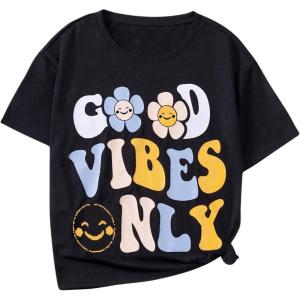 imageGirls Graphic Tees Short Sleeve Crewneck T Shirts Casual Summer Tops Cute Preppy ClothesBlack Letter