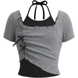 imageGirls Halter Crop Tops Colorblock Bowknot Fake Two Piece Cute Summer T Shirt Y2k Tops TrendyDark Grey