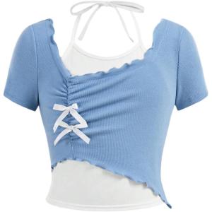 imageGirls Halter Crop Tops Colorblock Bowknot Fake Two Piece Cute Summer T Shirt Y2k Tops TrendyWhite Blue