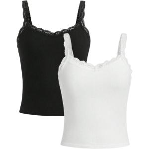 imageGirls Lace Tank Tops Ribbed Knit Sleeveless Basic Tank Shirts Cute Camisole TopsBlack and White