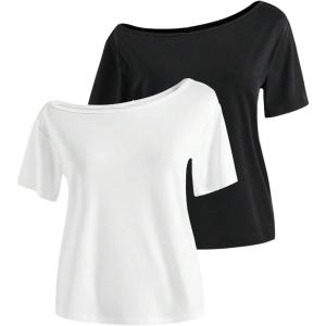 imageGirls Off The Shoulder Tops Short Sleeve Cute Summer T Shirts for Teens Girls Y2k Tops TrendyBlack and White